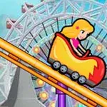 Κορίτσι σε κόκκινο βαγόνι τρενάκι roller coaster με φόντο μια ρόδα στο λούνα παρκ