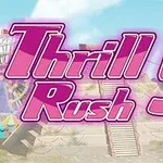 Ροζ γράμματα με την επιγραφή Thrill Rush 5 πάνω σε φόντο θεματικού πάρκου με ρόδα και σκάλες