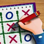 Χέρι κρατά πολύχρωμο στυλό και σχεδιάζει γράφημα με Χ και Ο σε τετράδιο, πάνω σε ξύλινο τραπέζι
