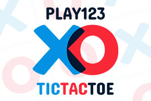 Λογότυπο με το κείμενο «PLAY123», μεγάλα χρωματιστά γράμματα X και O και τη λέξη «TICTACTOE» σε λευκό φόντο με αχνά σύμβολα