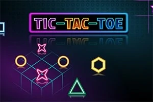 Λαμπερά γεωμετρικά σχήματα και η επιγραφή Tic-Tac-Toe σε φωτεινά νέον χρώματα πάνω σε σκοτεινό φόντο