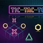 Λαμπερά γεωμετρικά σχήματα και η επιγραφή Tic-Tac-Toe σε φωτεινά νέον χρώματα πάνω σε σκοτεινό φόντο