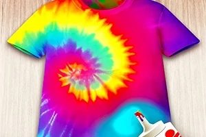 Μπλουζάκι με έντονο σχέδιο tie-dye σε χρώματα ουράνιου τόξου με μια μπουκάλα βαφής στο κάτω μέρος