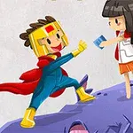 Δύο κινούμενα σχέδια, ένα αγόρι με στολή υπερήρωα και ένα κορίτσι με λευκή μπλούζα και κόκκινη κάπα, στέκονται πάνω σε μωβ βράχο