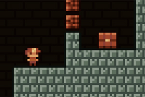 Μια πίστα με pixel art γραφικά, που απεικονίζει έναν μικρό χαρακτήρα και καφέ κουτιά πάνω σε γκρίζες πλατφόρμες