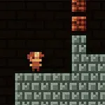 Μια πίστα με pixel art γραφικά, που απεικονίζει έναν μικρό χαρακτήρα και καφέ κουτιά πάνω σε γκρίζες πλατφόρμες