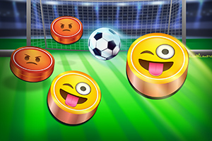 Emoji με εκφράσεις προσώπου και μία ποδοσφαιρική μπάλα μπροστά από τέρμα σε γήπεδο ποδοσφαίρου