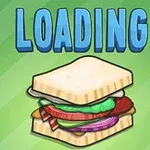 Γραφικά με λέξη LOADING και εικόνα σάντουιτς πάνω σε πράσινο φόντο