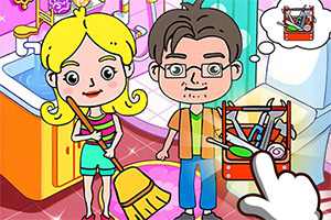 Χαρούμενο κινούμενο ζευγάρι σε φωτεινό δωμάτιο, με τη γυναίκα να κρατά σκούπα και ένα χέρι-δείκτη να επιλέγει εικονίδιο με καθαριστικά σε οθόνη