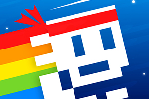 Ένα pixelated πρόσωπο με κόκκινη κορδέλα στο κεφάλι, πλαισιωμένο από ένα χρωματιστό ουράνιο τόξο, σε μπλε φόντο