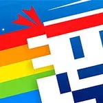 Ένα pixelated πρόσωπο με κόκκινη κορδέλα στο κεφάλι, πλαισιωμένο από ένα χρωματιστό ουράνιο τόξο, σε μπλε φόντο