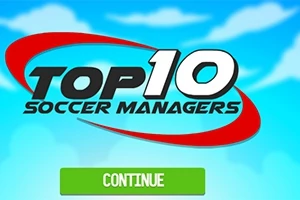 Κείμενο TOP 10 SOCCER MANAGERS με κόκκινο στροβιλιζόμενο σχέδιο φόντου και πράσινο κουμπί CONTINUE πάνω σε γαλάζιο ουρανό με σύννεφα