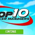 Κείμενο TOP 10 SOCCER MANAGERS με κόκκινο στροβιλιζόμενο σχέδιο φόντου και πράσινο κουμπί CONTINUE πάνω σε γαλάζιο ουρανό με σύννεφα