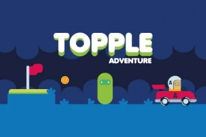 Γραφικά με την επιγραφή TOPPLE ADVENTURE, ένα κόκκινο αυτοκίνητο, ένα πράσινο χαρακτήρα και μια σημαία πάνω από μια πλατφόρμα