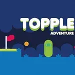 Γραφικά με την επιγραφή TOPPLE ADVENTURE, ένα κόκκινο αυτοκίνητο, ένα πράσινο χαρακτήρα και μια σημαία πάνω από μια πλατφόρμα