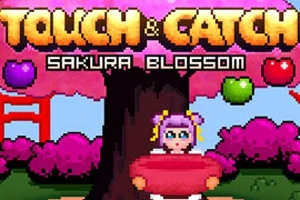 Ένα pixel art σκηνικό με ένα κορίτσι που κρατάει ένα καλάθι κάτω από ένα δέντρο γεμάτο άνθη κερασιάς και καρπούς