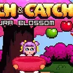 Ένα pixel art σκηνικό με ένα κορίτσι που κρατάει ένα καλάθι κάτω από ένα δέντρο γεμάτο άνθη κερασιάς και καρπούς
