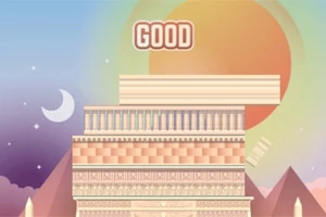 Μια στοίβα από κεραμικά blocks με μια λέξη GOOD στην κορυφή, φόντο που περιλαμβάνει πυραμίδες και έναν ήλιο