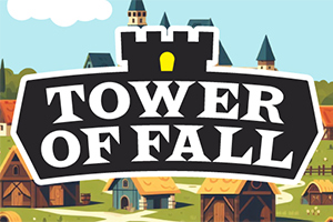Λογότυπο με την επιγραφή Tower of Fall που περιβάλλεται από γραφικά χωριού με σπίτια και μεσαιωνικούς πύργους στο σκηνικό