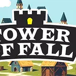 Λογότυπο με την επιγραφή Tower of Fall που περιβάλλεται από γραφικά χωριού με σπίτια και μεσαιωνικούς πύργους στο σκηνικό