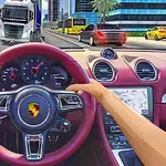 Εσωτερικό πολυτελούς αυτοκινήτου με τιμόνι, με θέα σε πολυσύχναστο δρόμο με φορτηγά και αυτοκίνητα