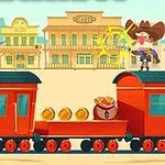 Δύο χαρακτήρες με καπέλα καουμπόι βρίσκονται σε τρένο με χρυσά νομίσματα και σάκο χρημάτων στην έρημο μπροστά από κτήρια σαλούν
