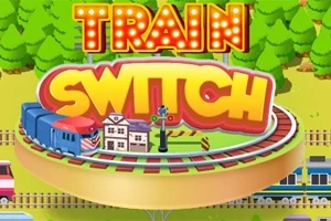 Μια πολύχρωμη πινακίδα με τις λέξεις TRAIN SWITCH πάνω από ένα κυκλικό σιδηροδρομικό τοπίο με τρένα και δέντρα
