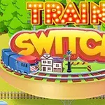 Μια πολύχρωμη πινακίδα με τις λέξεις TRAIN SWITCH πάνω από ένα κυκλικό σιδηροδρομικό τοπίο με τρένα και δέντρα