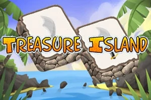 Τίτλος Treasure Island με δίπλα πλακάκια σε παραλία με φοίνικες και βράχια στο φόντο