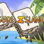 Τίτλος Treasure Island με δίπλα πλακάκια σε παραλία με φοίνικες και βράχια στο φόντο