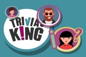 Σχέδιο με τίτλο TRIVIA KING, τρεις φιγούρες ατόμων σε κύκλους και ένα ερωτηματικό