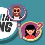 Σχέδιο με τίτλο TRIVIA KING, τρεις φιγούρες ατόμων σε κύκλους και ένα ερωτηματικό