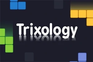 Κείμενο Trixology σε λευκό χρώμα με αντανάκλαση, περιβάλλεται από πολύχρωμα τετράγωνα σε μαύρο φόντο