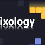 Κείμενο Trixology σε λευκό χρώμα με αντανάκλαση, περιβάλλεται από πολύχρωμα τετράγωνα σε μαύρο φόντο