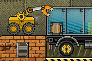 Truck Loader 4 Ένας κίτρινος γερανός τοποθετεί κιβώτιο σε φορτηγό δίπλα σε τοίχο από τούβλα