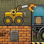 Truck Loader 4 Ένας κίτρινος γερανός τοποθετεί κιβώτιο σε φορτηγό δίπλα σε τοίχο από τούβλα