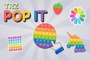 Πολύχρωμα αντικείμενα Pop It σε διάφορα σχήματα, όπως κύκλος, φράουλα και μονόκερος, με έντονα γράμματα