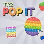 Πολύχρωμα αντικείμενα Pop It σε διάφορα σχήματα, όπως κύκλος, φράουλα και μονόκερος, με έντονα γράμματα