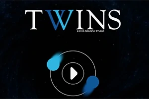Ένας σκοτεινός φόντο με τον τίτλο TWINS και ένα κεντρικό κυκλικό κουμπί αναπαραγωγής, πλαισιωμένο από δύο φωτεινά μπλε φώτα