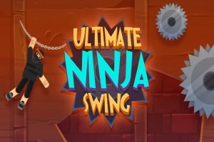 Κείμενο με την φράση Ultimate Ninja Swing, ένας νίντζα κρέμεται από αλυσίδα και δύο μεταλλικά γρανάζια στο φόντο