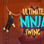Κείμενο με την φράση Ultimate Ninja Swing, ένας νίντζα κρέμεται από αλυσίδα και δύο μεταλλικά γρανάζια στο φόντο