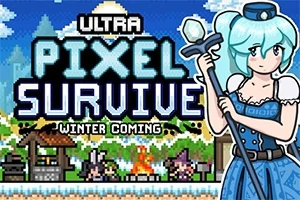 Γυναίκα με μπλε φόρεμα και ραβδί σε pixel art στυλ, με τίτλο Ultra Pixel Survive και σκηνή κατασκήνωσης στο παρασκήνιο
