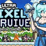 Γυναίκα με μπλε φόρεμα και ραβδί σε pixel art στυλ, με τίτλο Ultra Pixel Survive και σκηνή κατασκήνωσης στο παρασκήνιο