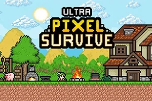 Σκηνικό με pixel art που δείχνει έναν χαρακτήρα, φωτιά, δέντρα, χτίσμα και τον ήλιο στον ουρανό