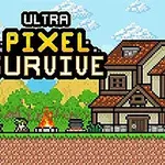 Σκηνικό με pixel art που δείχνει έναν χαρακτήρα, φωτιά, δέντρα, χτίσμα και τον ήλιο στον ουρανό