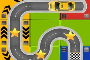Κίτρινο αυτοκίνητο σε δρόμο με στροφές, αστέρια και πολύχρωμα τετράγωνα