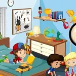 Παιδιά παίζουν σε ένα δωμάτιο γεμάτο παιχνίδια και έπιπλα
