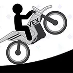 Ένας στυλιζαρισμένος μαύρος χαρακτήρας οδηγεί μία μηχανή που αναγράφει VEX σε ανηφορικό δρόμο δίπλα σε προειδοποιητική πινακίδα