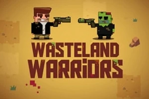 Δύο χαρακτήρες σε στυλ pixel art με όπλα και η φράση Wasteland Warriors σε φόντο με γήινα χρώματα
