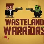 Δύο χαρακτήρες σε στυλ pixel art με όπλα και η φράση Wasteland Warriors σε φόντο με γήινα χρώματα
